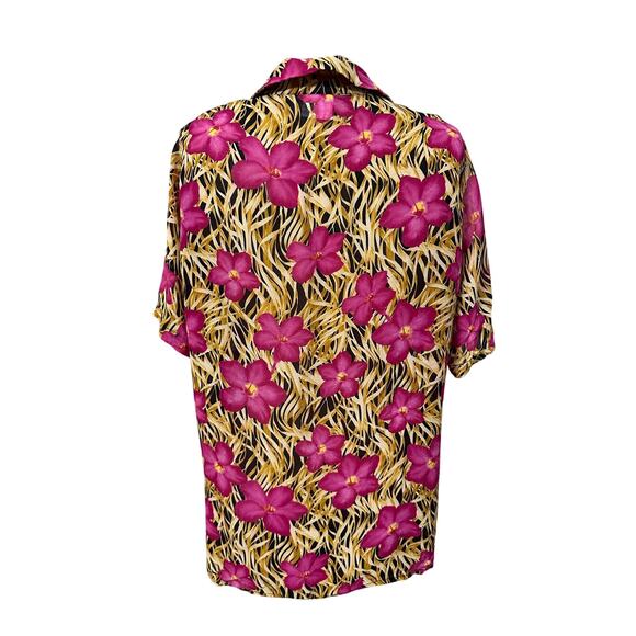Escada Blouse Large Vintage Silk Pink Hibiscus Tropical Floral Short Sleeve - Picture 4 of 7